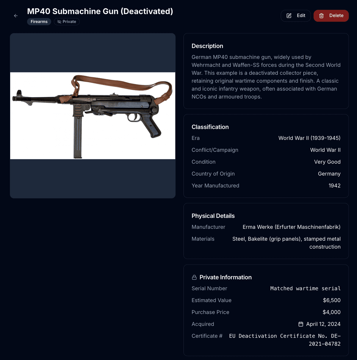 Example item detail page showing a cataloged militaria piece